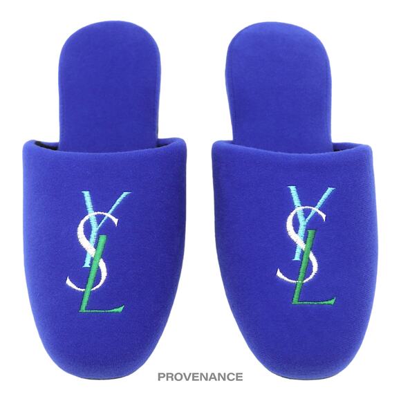 🔴 Yves Saint Laurent YSL Logo Slipper - Blue Velour - Picture 1 of 7